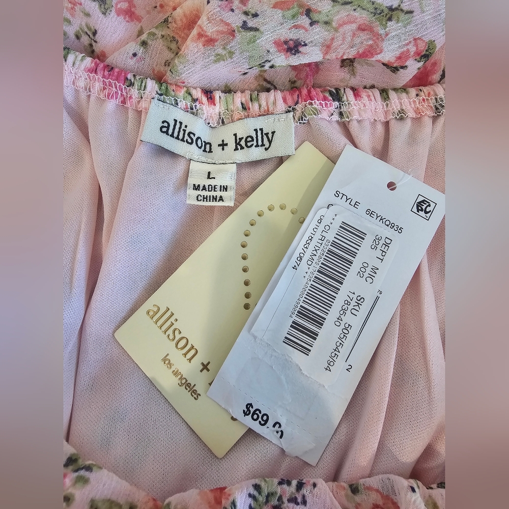 NWT Pink/Green Floral Mini Babydoll On/Off-Shoulder Vintage Look Dress Sz Large - Picture 2 of 5